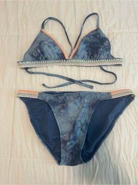 Tie-Dye Navy Blue Bikini Set with Coral Trim